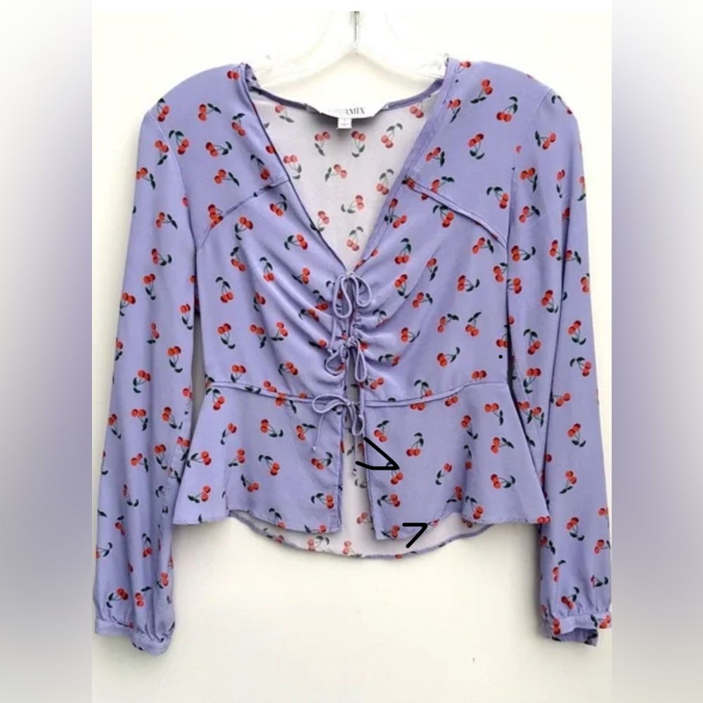 INTERMIX Kristen Silk Cherry Print Tie Front Blouse Lavender Size 2